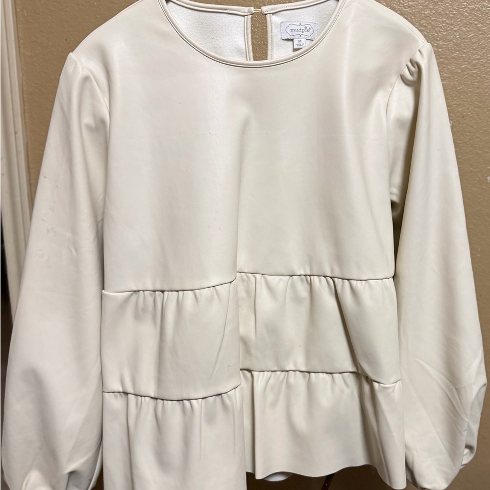 Mud Pie Cream Tiered Faux Leather Blouse